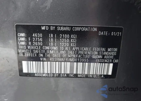 2021 Subaru Legacy Premium из США, поврежденный, VIN 4S3BWAF67M3013955